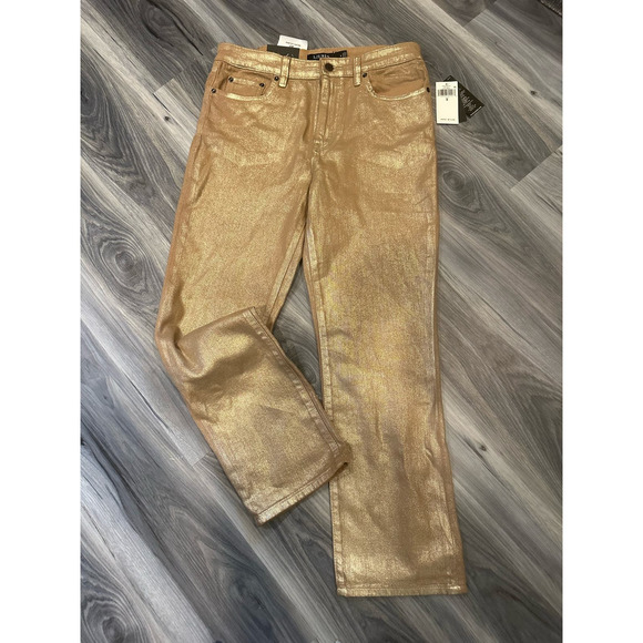 Lauren by Ralph Lauren High Rise Comfort Straight Jeans Belle Wash Metallic Gold - Picture 2 of 10